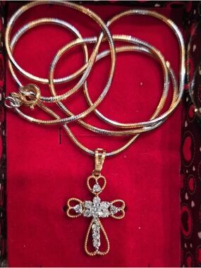 Beautiful Two-Tone Gold & Silver Ornate Crystal Cross Pendant Necklace
